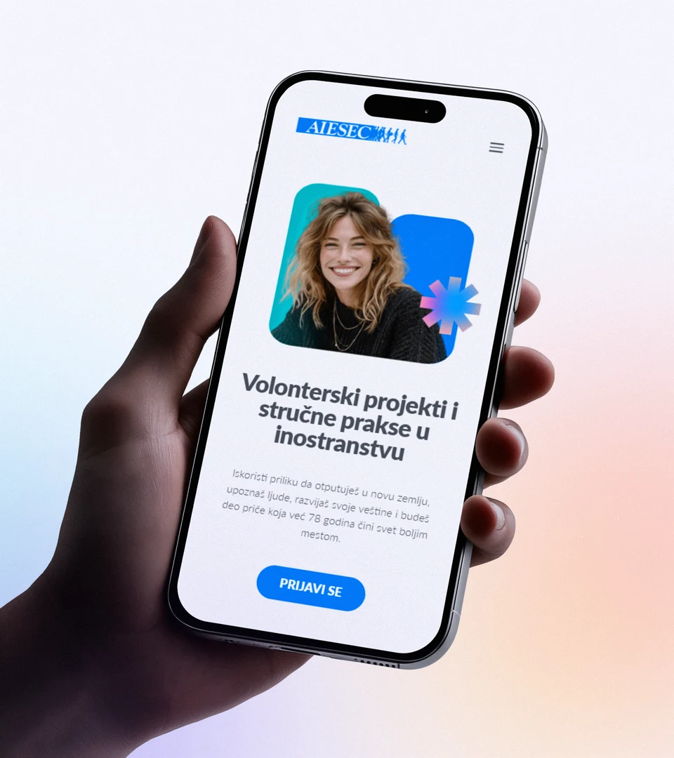 AIESEC volunteering page on a phone, held in a hand