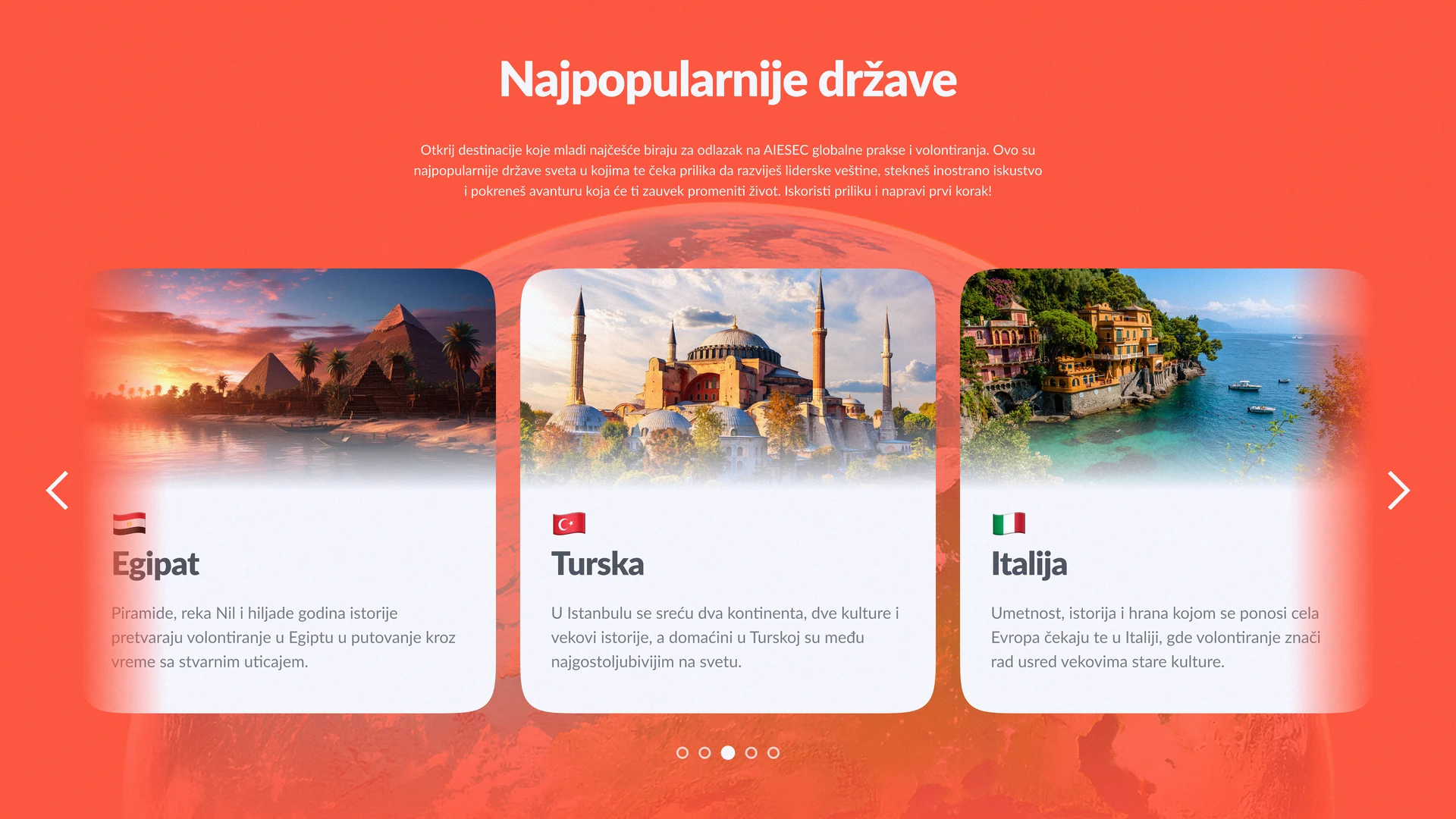 "Najpopularnije države" destination carousel on the AIESEC site: Egypt, Turkey, Italy