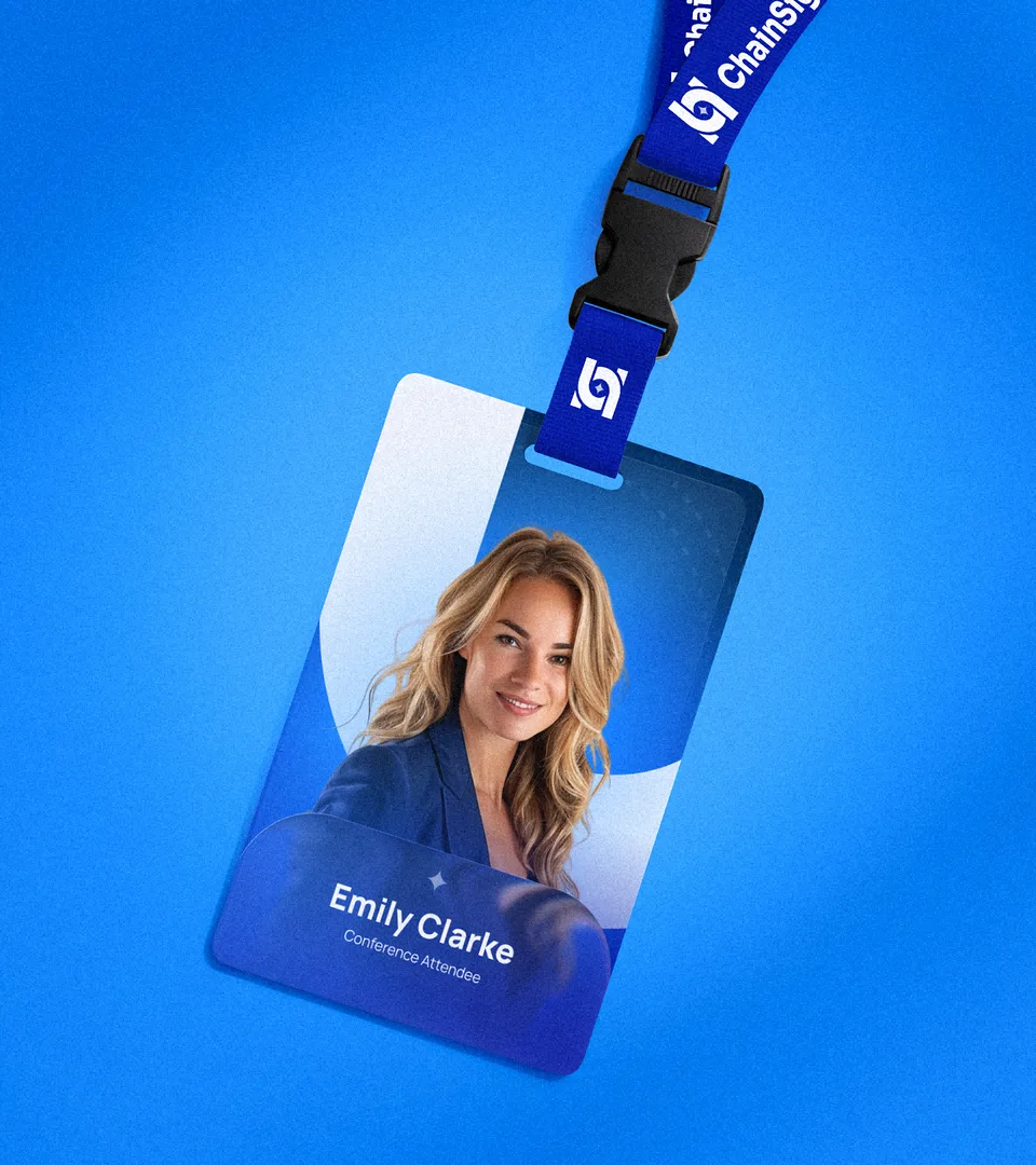 ChainSight conference badge and lanyard on a blue background