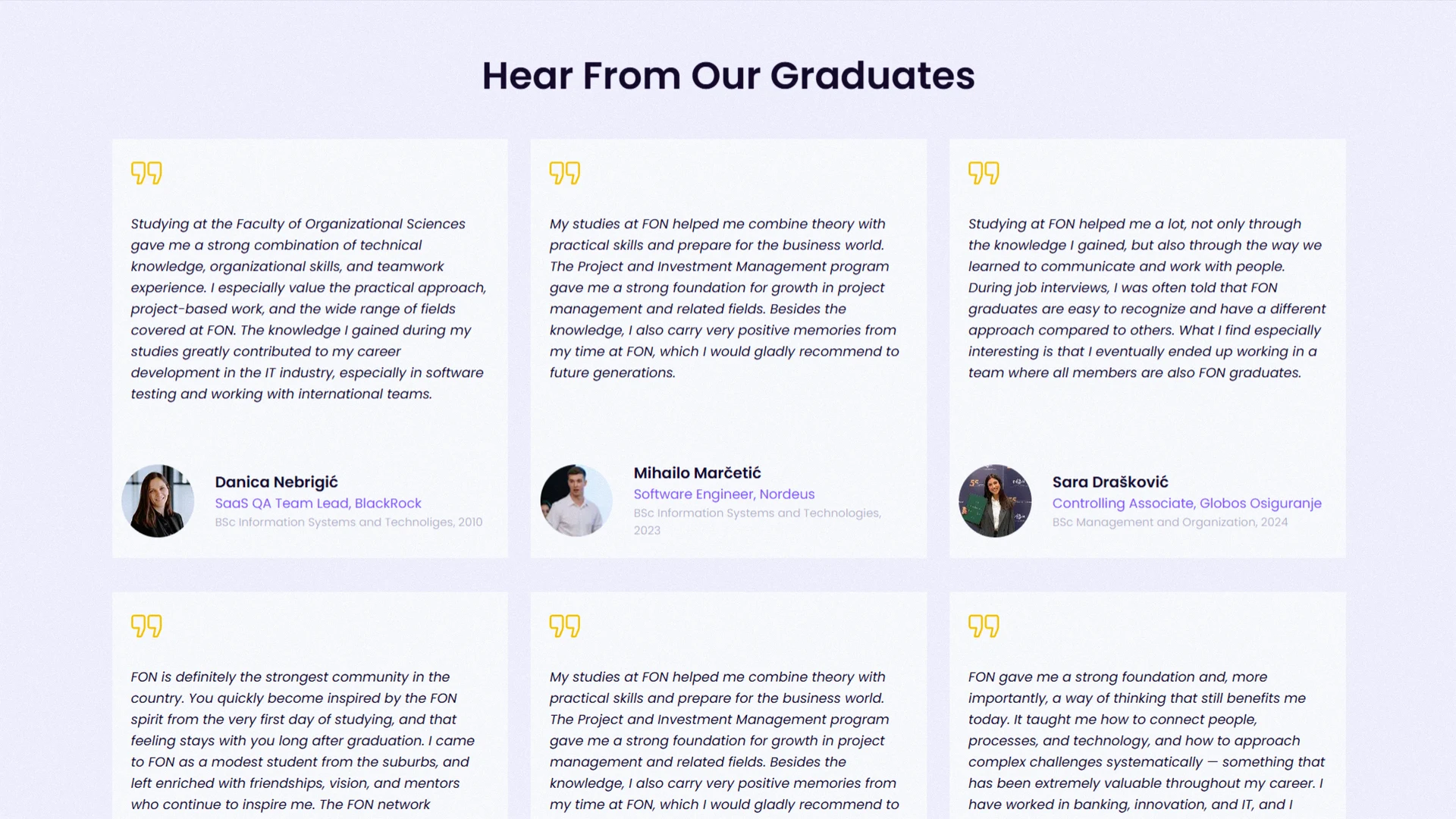 "Hear From Our Graduates" testimonials section of the FON site