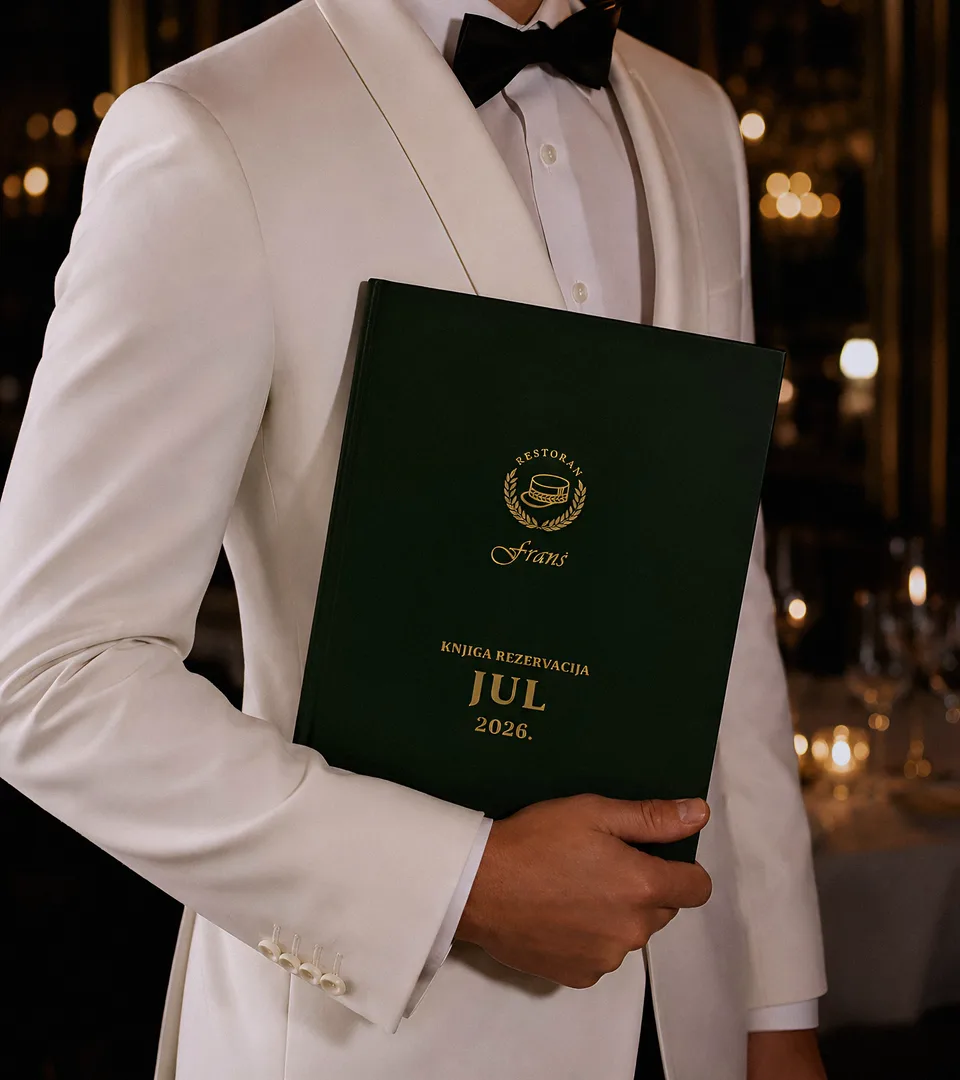 Maître d' in a white dinner jacket holding the Franš reservation book