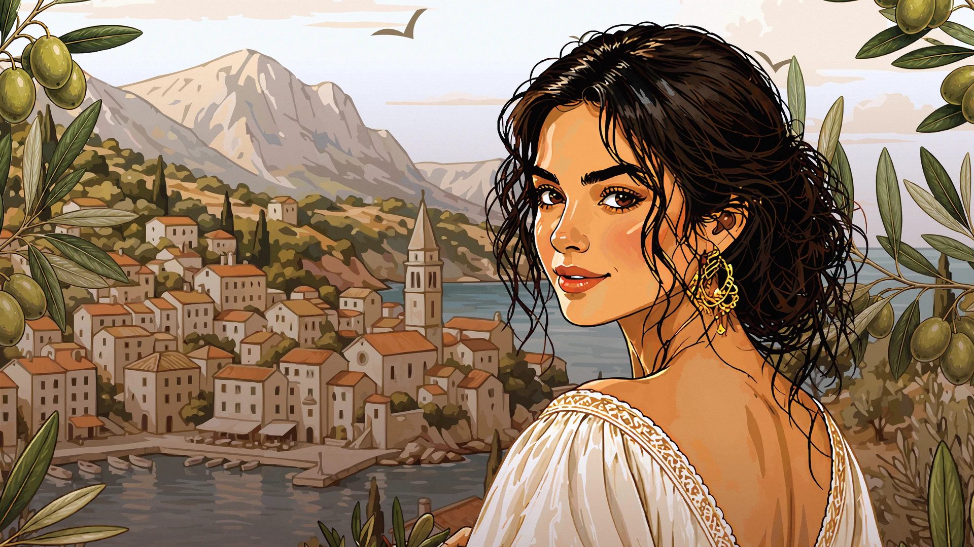The Figurati label illustration: a woman above a Mediterranean coastal town