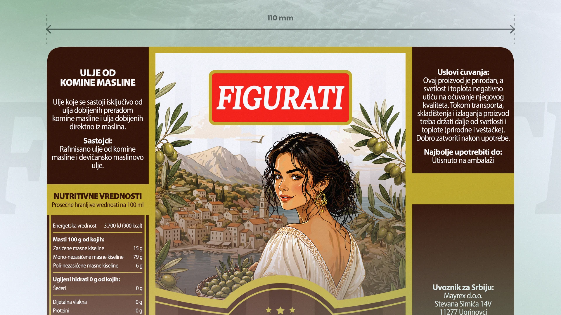 Figurati olive pomace oil label, full print layout with nutrition table