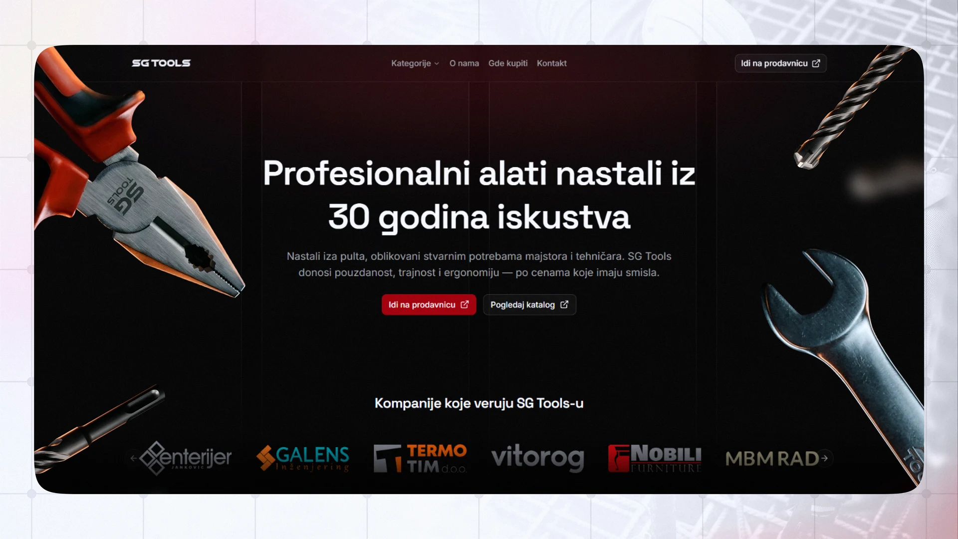 SG Tools website homepage: "Profesionalni alati nastali iz 30 godina iskustva"
