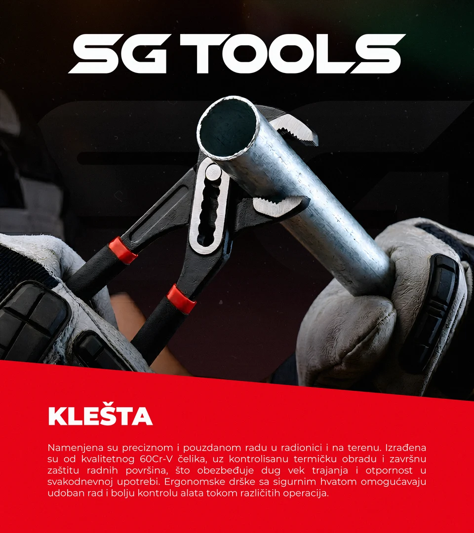 Pliers page from the SG Tools catalogue: water pump pliers in gloved hands