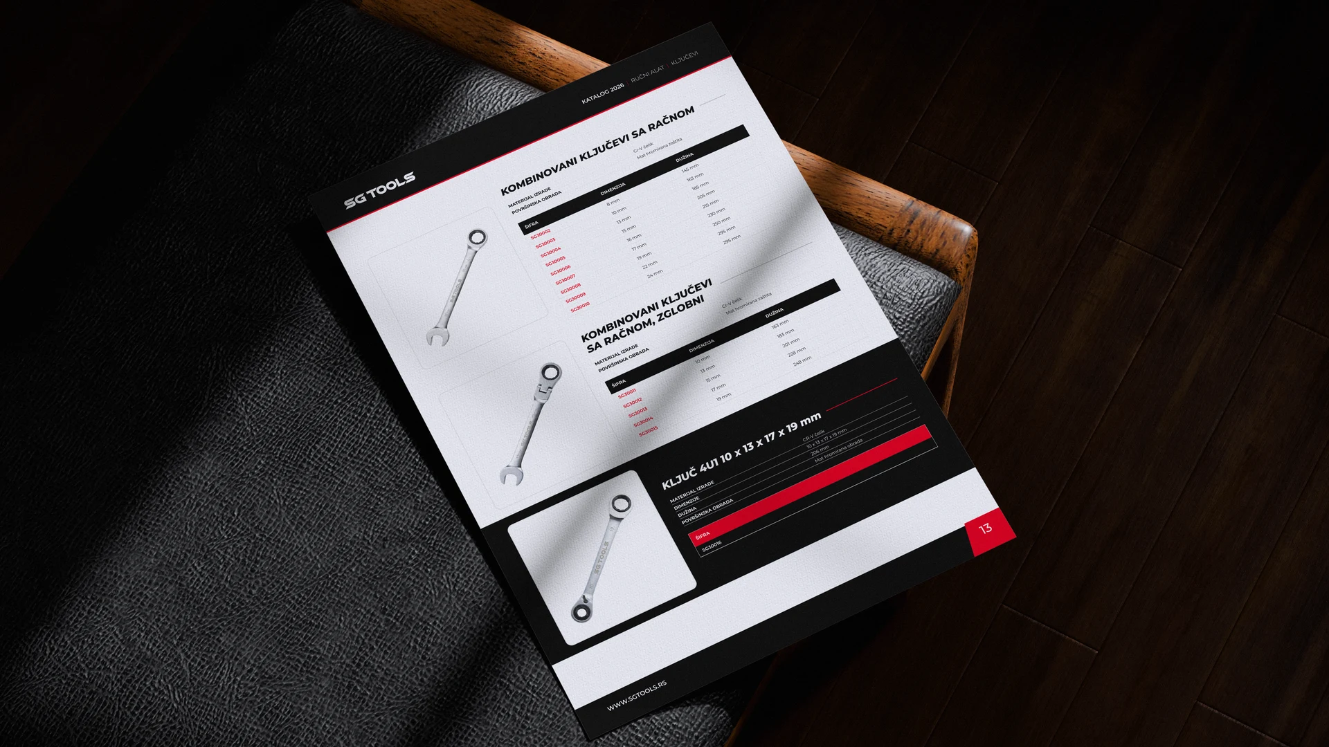 Open SG Tools catalogue: wrench product table, on a wooden desk