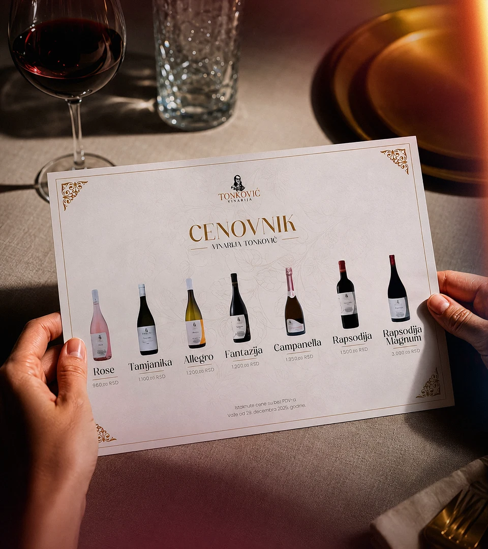 Tonković Winery price list with seven wines, held in both hands
