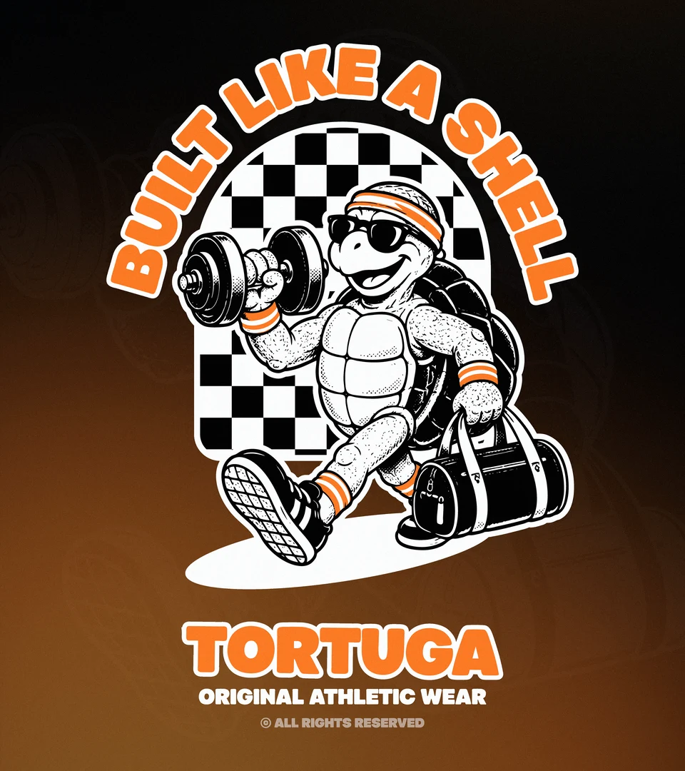 Tortuga turtle mascot with a dumbbell and gym bag on a checkered background